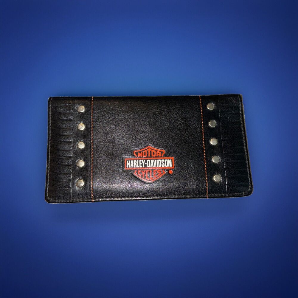 Harley-Davidson Vintage Black Leather Deluxe Studded Checkbook Cover w/Divider